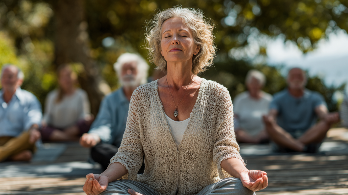 Літня жінка медитує в позі лотоса на фоні природи, демонструючи спокій та гармонію